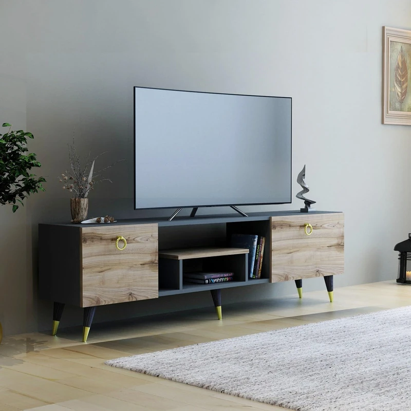 Hanah Home Stylish TV Stand with Additional Storage, Walnut & Anthracite, 150 x 41.6 x 29.6 cm, 100% Melamine Coated Particle Board, Multiple Shelves for Modern Living Rooms