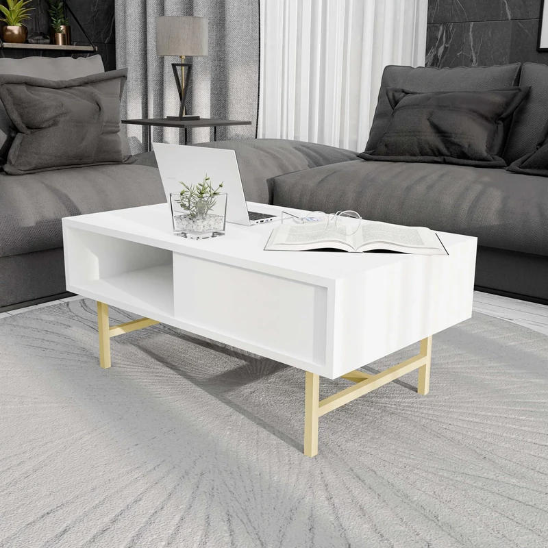 Modern White Coffee Table, 90 x 54 x 39.6 cm, 100% Melamine Coated Chipboard & Metal, Stylish Design for Living Room & Home Decor
