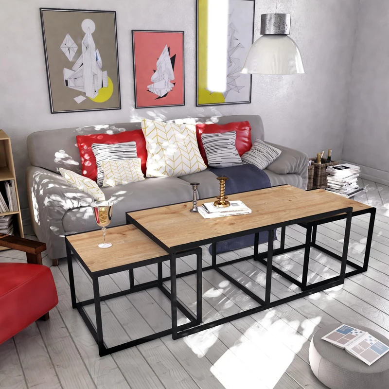 Hanah Home Modern Extendable Coffee Table with 2 Side Tables, Oak & Black, 120 x 60 x 50 cm, 100% Melamine Coated, Metal Frame, Additional Storage, Stylish & Functional