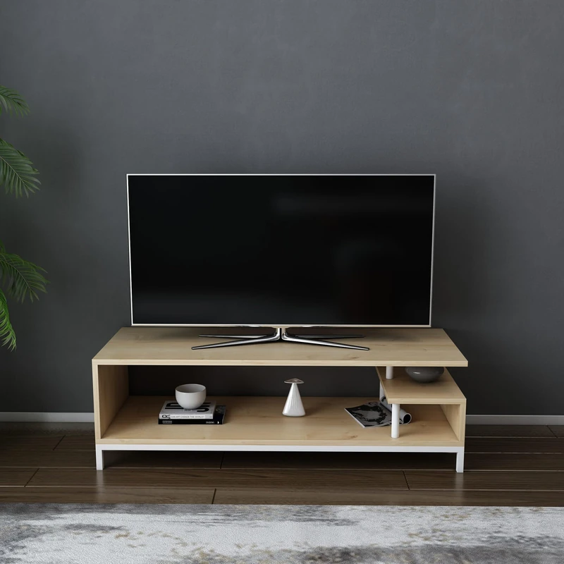 Hanah Home Scandinavian TV Stand, White & Oak, 120 x 44.6 x 37.6 cm, 100% Melamine Coated Particle Board, 18 mm Thick, Stylish & Functional for Modern Living Rooms - Image 1
