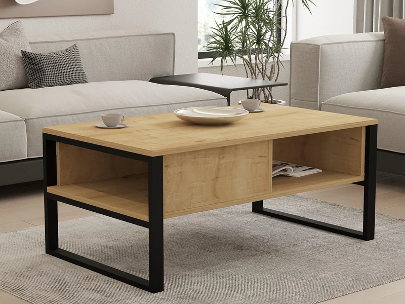 Hanah Home Modern Coffee Table with Wall-Mount Option, Sapphire Oak, 100 x 60 x 44 cm, 100% Melamine Coated Particle Board, 18 mm Thick, Stylish & Functional Design with Multiple Shelves