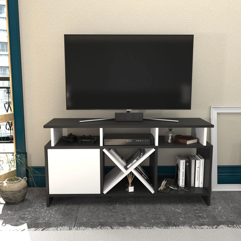 Hanah Home Stylish TV Stand, Anthracite & White, 120 x 29.9 x 60.6 cm, 100% Melamine Coated Particle Board, 18 mm Thick, Modern Design for Living Room & Entertainment Spaces - Image 1