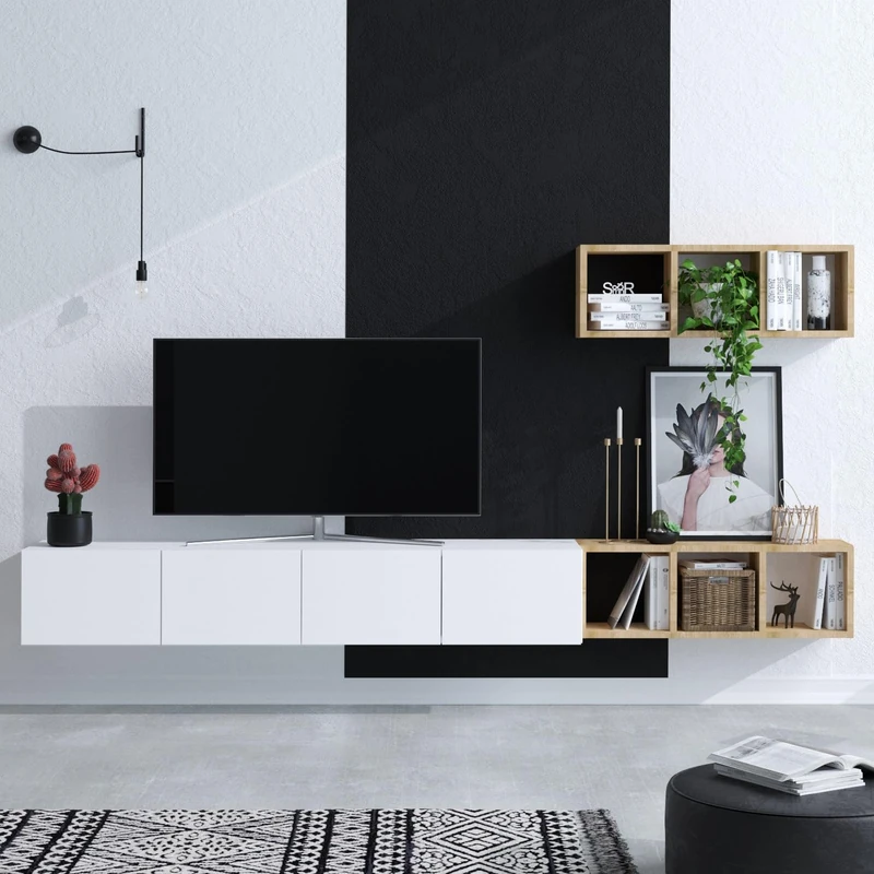 Hanah Home Stylish TV Unit, White & Oak, 215 x 25 x 32 cm, 100% Melamine Coated Particle Board, 18 mm Thick, Ample Shelves for Modern Living Rooms