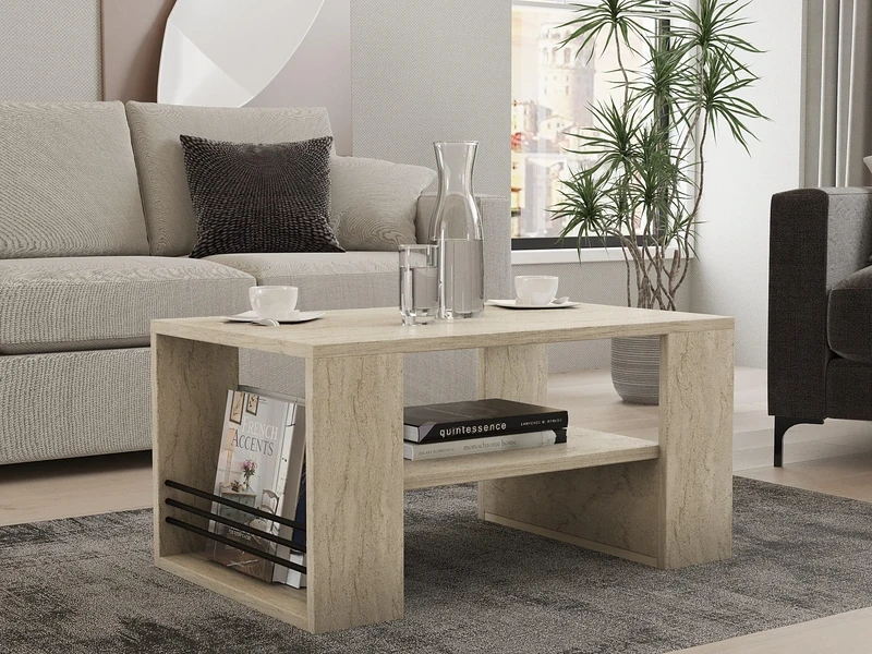 Hanah Home Elegant Coffee Table, Travertine Colour, 80 x 50 x 40 cm, 100% Melamine Coated Particle Board, 18 mm Thick, Stylish Marble Design for Modern Living Spaces