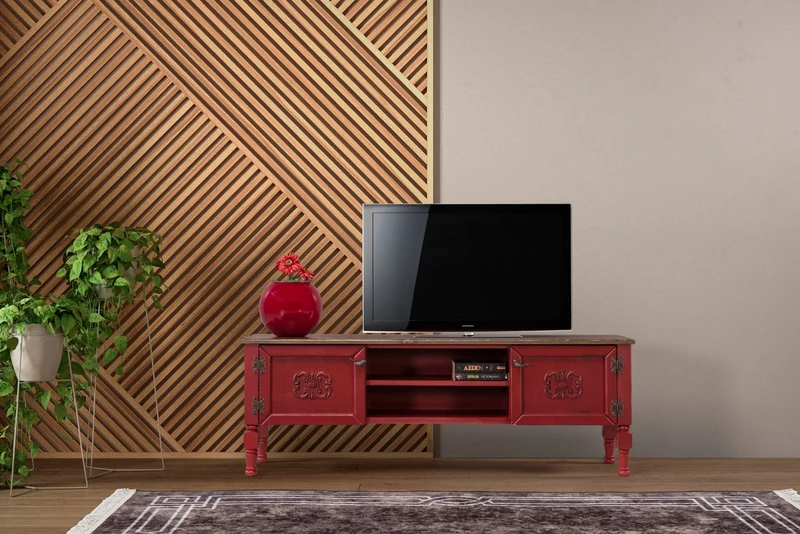 Stylish Red TV Unit, 150 cm Wide, 40 cm High, 50 cm Deep | 100% MDF with Spruce Top & Hornbeam Legs | Modern Design for Living Room & Entertainment Spaces