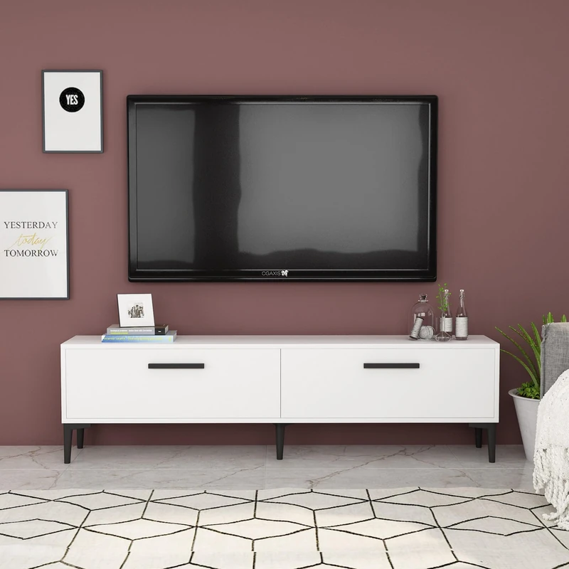 Hanah Home Modern White TV Stand, 150 cm, 100% Melamine Coated Particle Board, 18 mm Thick, Wall-Mountable, Elegant Design for Living Room & Entertainment Spaces - Image 1