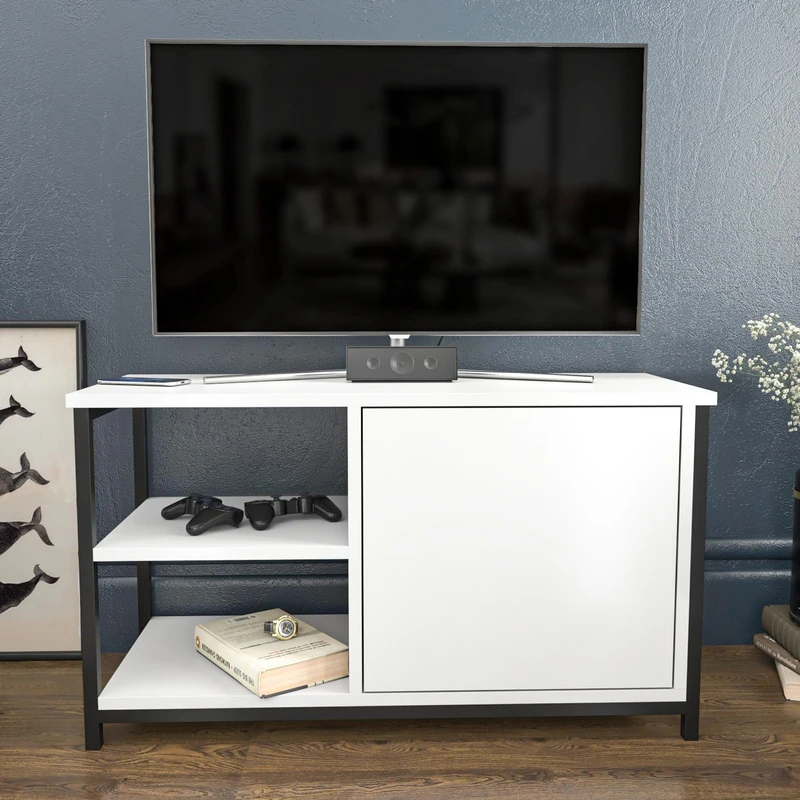 Hanah Home Stylish TV Stand, Black & White, 89.6 x 35.3 x 50.8 cm, 100% Melamine Coated Particle Board & Metal Frame, 18 mm Thick, Modern Design for Living Room - Image 1