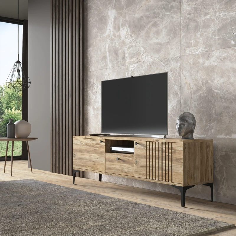 Hanah Home Stylish TV Stand with Metal Legs, Atlantic Pine, 150 cm, 100% Chipboard, 18 mm Thick, Wall Mountable, Multiple Shelves for Modern Living Rooms