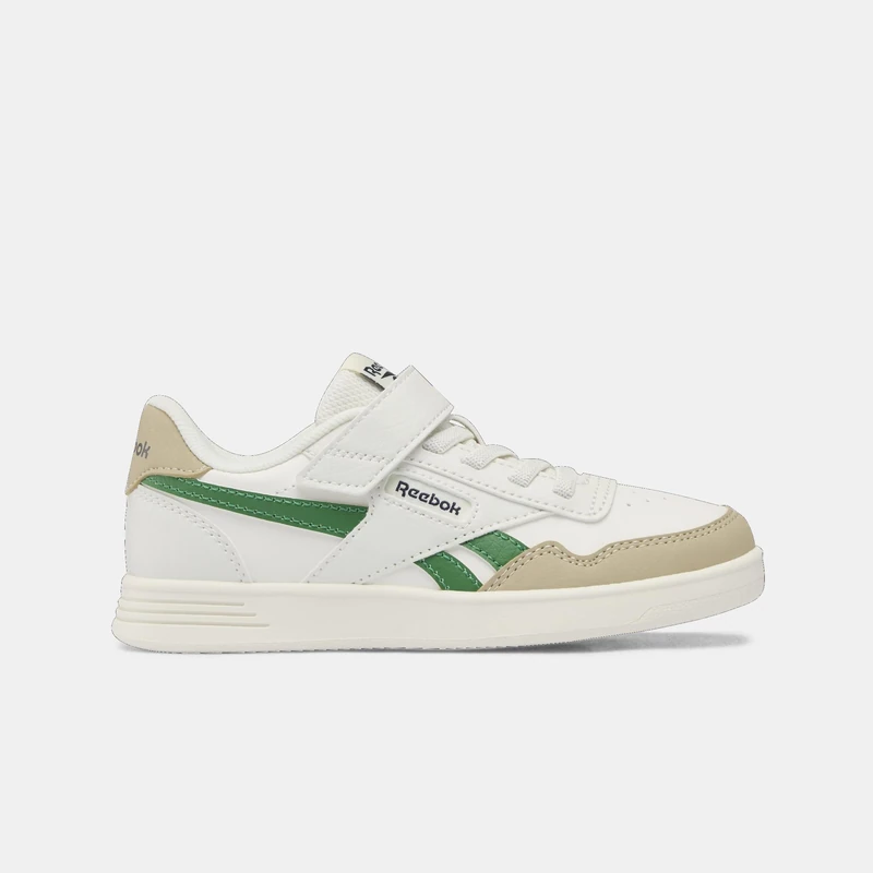 Reebok Court Advance Elastic Lace & Top Strap Trainers, Chalk/Classic Beige/Glengreen, 33 EU / 1 UK, Chalk Classic Beige Glengreen, 14 UK