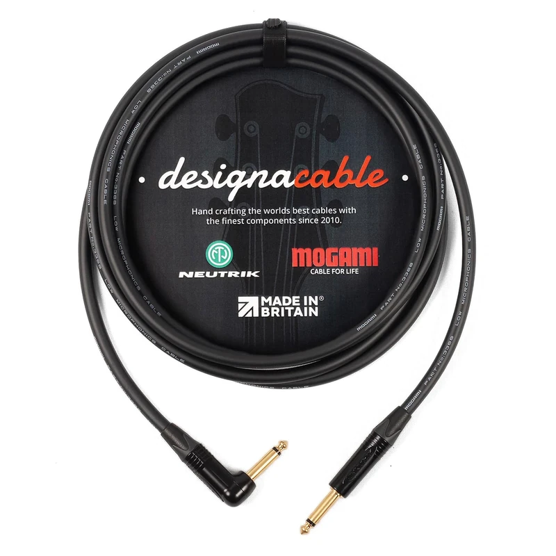 designacable.com 4m - Low Capacitance Black Angled to Straight Jack Guitar Cable - Handmade in the UK using Mogami Ultimate 3368 Guitar Cable & Neutrik NP2RX-B & NP2X-B Jacks.
