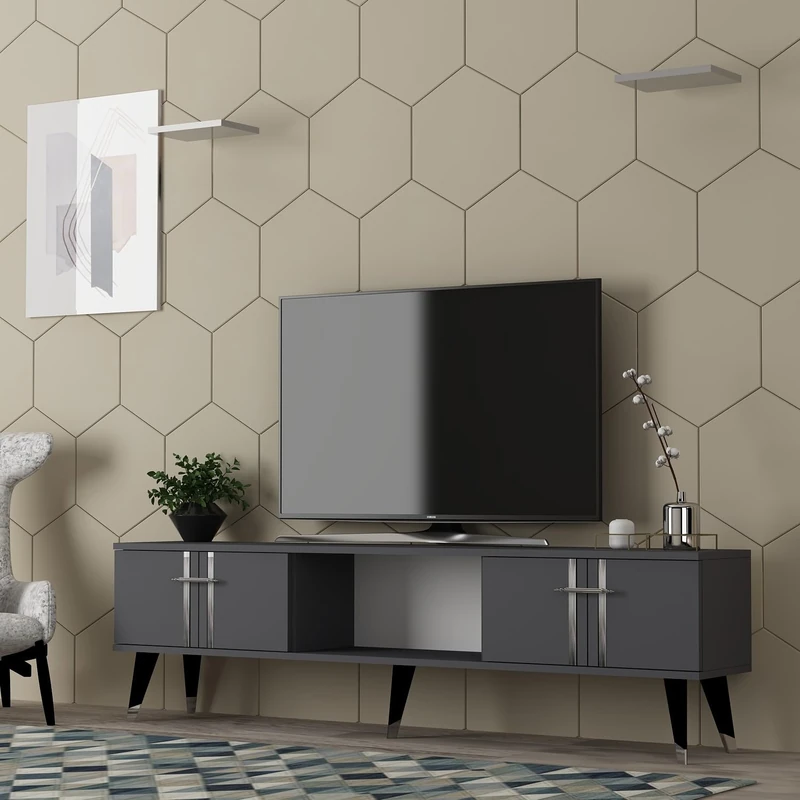 Hanah Home Stylish TV Stand, Anthracite & Silver, 150 cm x 44.6 cm x 29.6 cm, 100% Melamine Coated Particle Board, 18 mm Thick, Modern Design for Living Room - Image 1