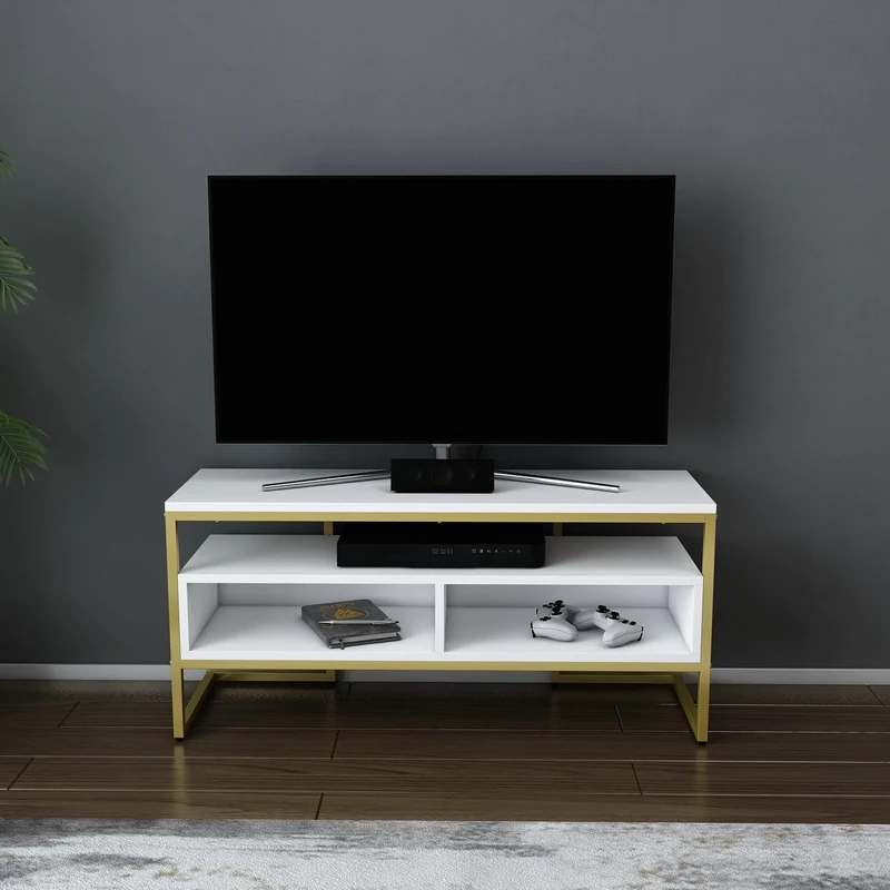 Hanah Home Glamorous TV Stand, Gold & White, 110 cm x 35 cm x 49.9 cm, 100% Melamine Coated Particle Board, 18 mm Thick, Stylish & Functional for Modern Living Rooms