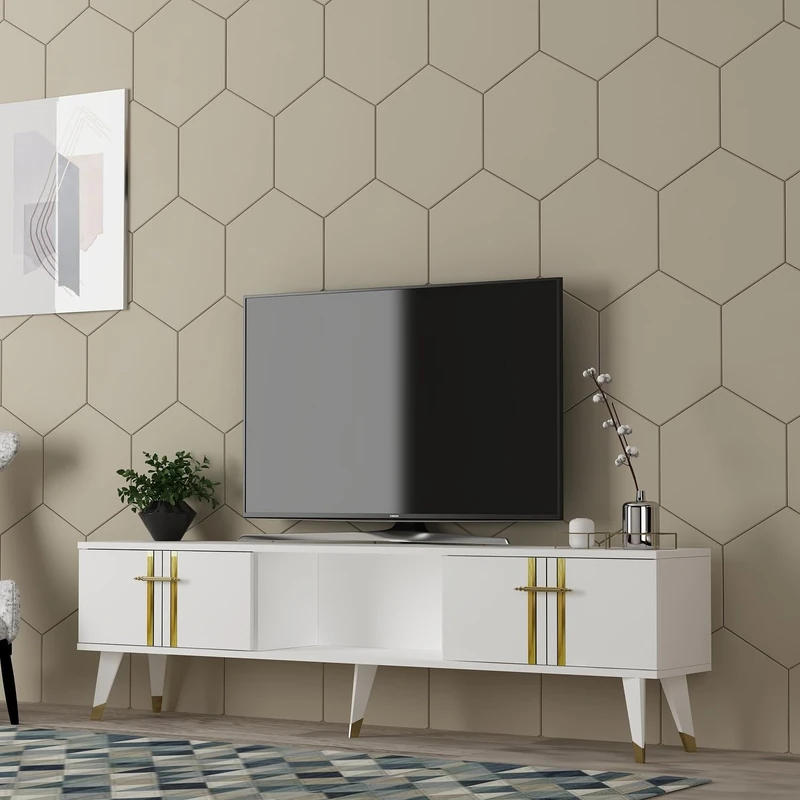 Hanah Home Elegant TV Stand, White & Gold, 150 cm, 100% Melamine Coated Particle Board, 18 mm Thick, Stylish Design for Modern Living Rooms & Entertainment Spaces - Image 1