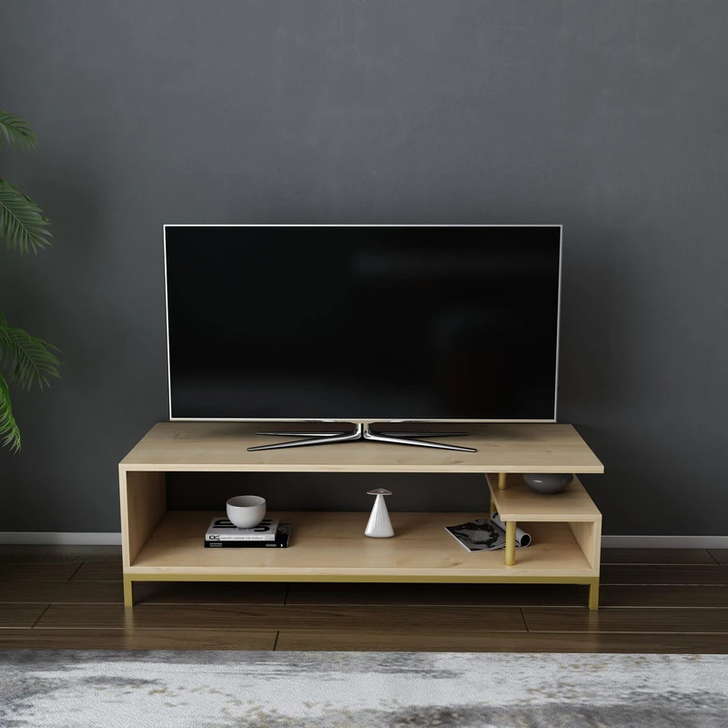 Hanah Home Stylish TV Stand, Gold & Oak, 120 x 44.6 x 37.6 cm, 100% Melamine Coated Particle Board, 18 mm Thick, Modern Design for Living Room & Entertainment Spaces - Image 1