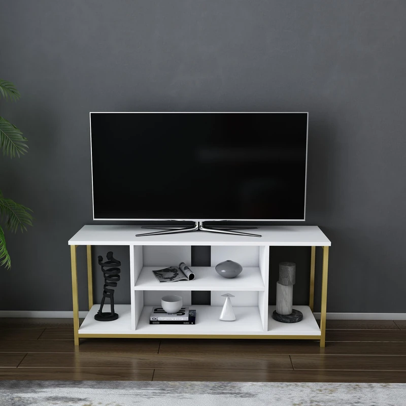 Hanah Home Glamorous TV Stand, White & Gold, 120 x 35 x 50.8 cm, 100% Melamine Coated Particle Board, 18 mm Thick, Sturdy Metal Frame, Stylish & Functional Design for Modern Living Rooms - Image 1