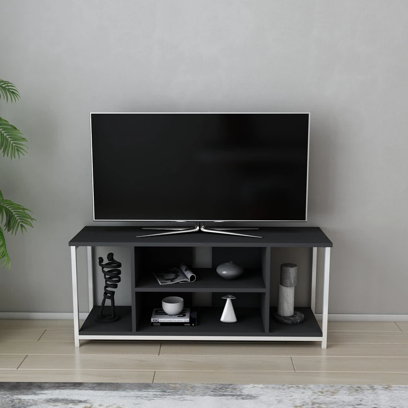Hanah Home Stylish TV Stand, 120 cm, White & Anthracite, 100% Melamine Coated Particle Board, 18 mm Thick, Metal Frame, Modern Design for Living Room & Entertainment - Image 1