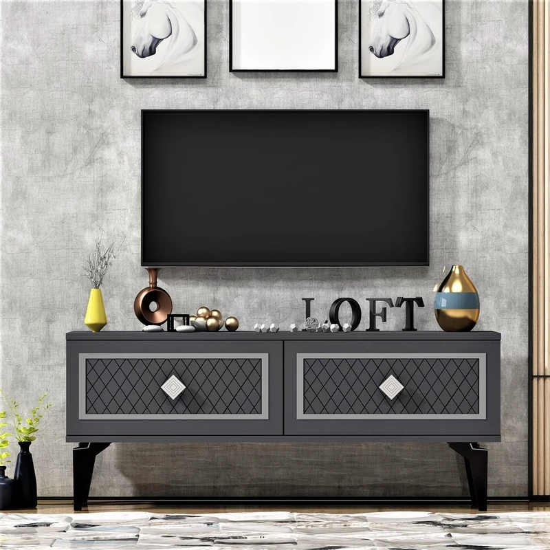 Hanah Home Stylish TV Stand, Anthracite & Silver, 120 x 49 x 29.6 cm, 100% Melamine Coated Particle Board, 18 mm Thick, Modern Design for Living Room & Entertainment Spaces