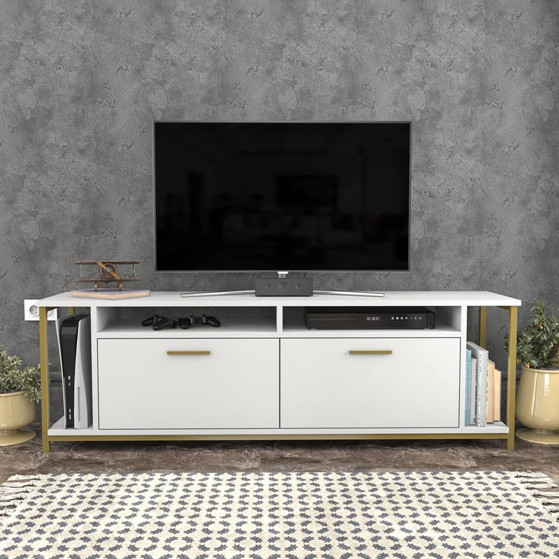 Hanah Home Elegant TV Stand, White & Gold, 160 cm x 35 cm x 50.8 cm, 100% Melamine Coated Particle Board, 18 mm Thick, Stylish Storage for Modern Living Rooms