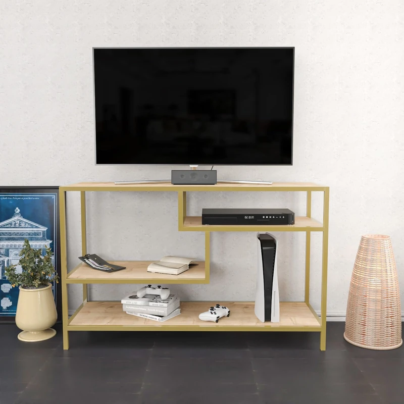 Hanah Home Glamorous TV Stand, Gold & Oak, 120 x 39 x 75 cm, 100% Melamine Coated Particle Board, 18 mm Thick, Sturdy Metal Frame, Stylish & Functional Design for Modern Living Rooms