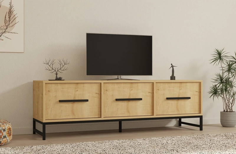 Hanah Home Sapphire Oak TV Stand, 160 cm, 100% Melamine Coated Particle Board, 18 mm Thick, Wall Mountable, Multiple Shelves, Stylish & Functional Design