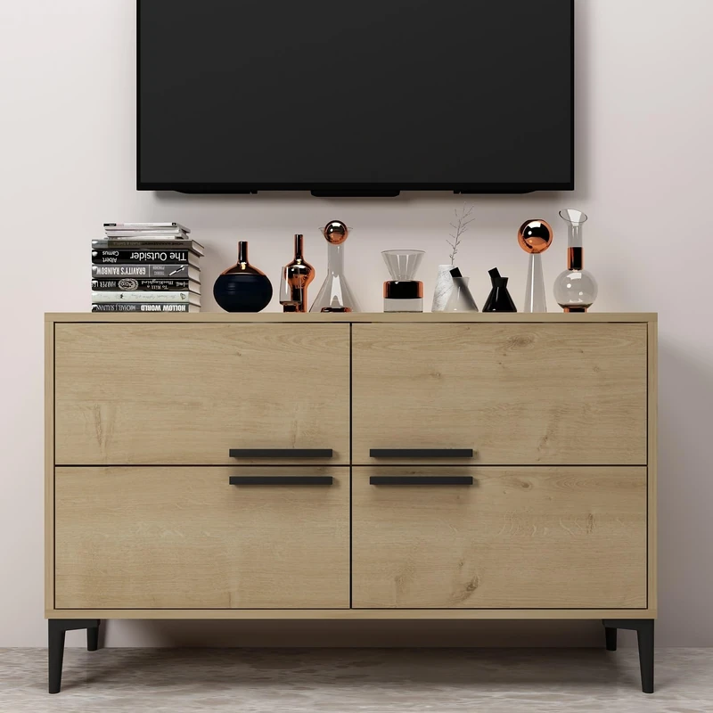 Hanah Home Sapphire Oak TV Stand, 120 cm x 75 cm x 30 cm, 100% Melamine Coated Particle Board, 18 mm Thick, PVC Legs, Stylish & Functional for Modern Living Rooms