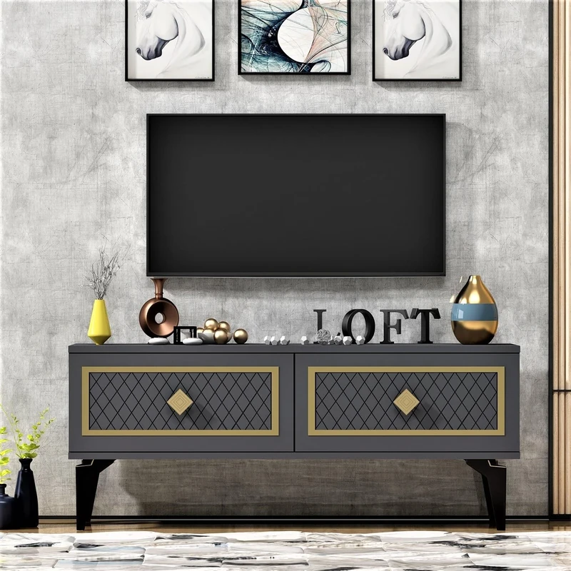 Hanah Home Stylish TV Stand, Anthracite & Gold, 120 x 49 x 29.6 cm, 100% Melamine Coated Particle Board, 18 mm Thick, Modern Design for Living Room & Entertainment Spaces