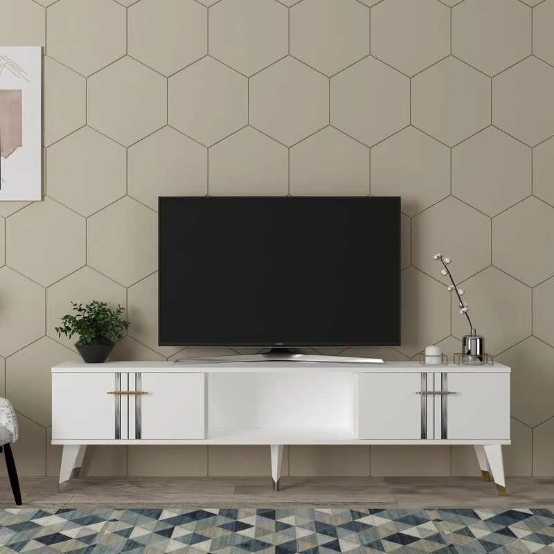 Hanah Home Stylish TV Stand, White & Silver, 150 cm x 44.6 cm x 29.6 cm, 100% Melamine Coated Particle Board, 18 mm Thick, Modern Design for Living Room - Image 1