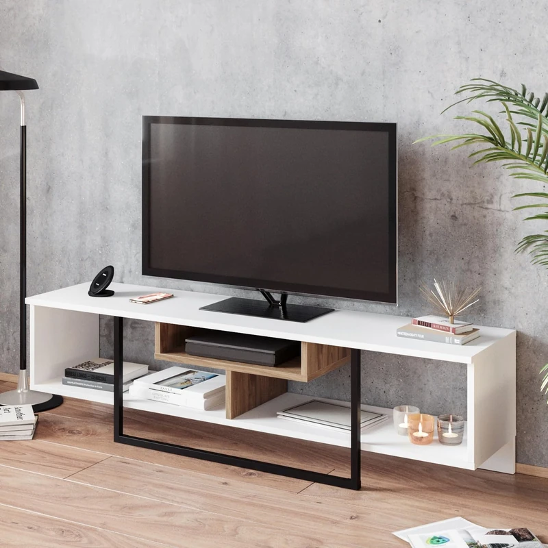 Hanah Home Modern TV Stand with Wall-Mount Option, 149.4 cm, White/Black/Oak, 100% Melamine Coated Particle Board, 18 mm Thick, Stylish Design & Ample Storage - Image 1