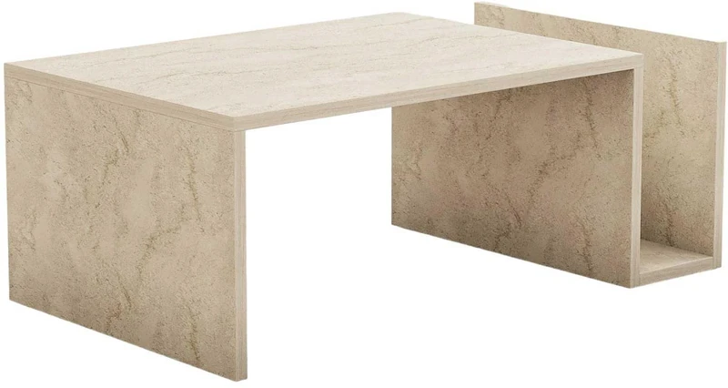 Hanah Home Elegant Coffee Table, Travertine Colour, 86.8 x 32.4 x 50 cm, 100% Melamine Coated Particle Board, 18 mm Thick, Wall-Mountable, Stylish Marble Design