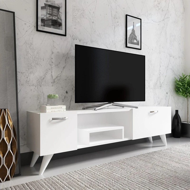 Stylish White TV Stand, 150 cm Wide, 41.6 cm High, 29.6 cm Deep | 100% Melamine Coated Particle Board | Ample Storage & Shelves for Modern Living Rooms - Image 1
