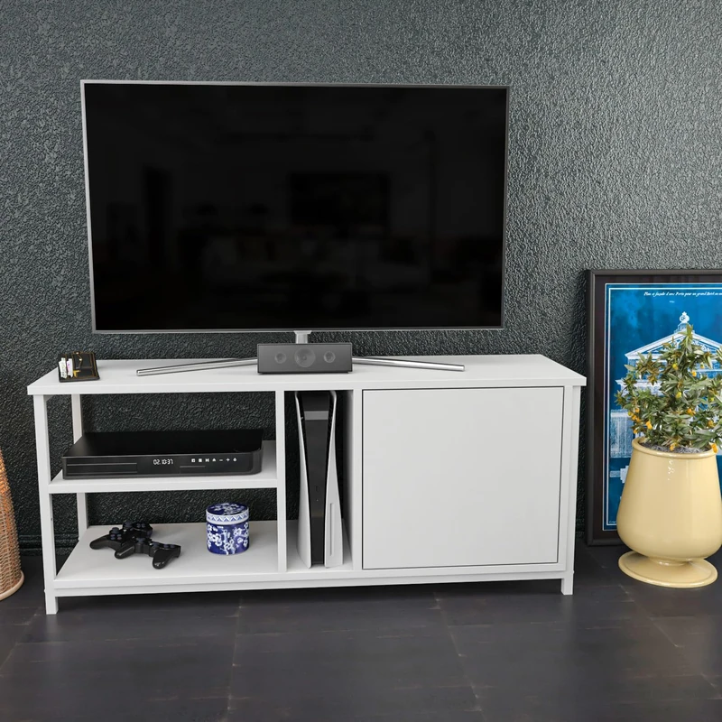 Hanah Home Scandinavian TV Stand, White, 120 x 35.3 x 50.8 cm, 100% Melamine Coated Particle Board, 18 mm Thick, Stylish & Functional for Modern Living Rooms - Image 1