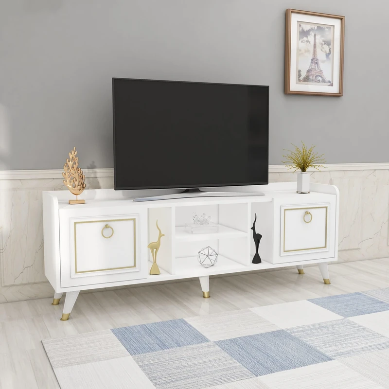 Hanah Home Elegant TV Unit with Iron Legs, White & Gold, 150 cm x 55 cm x 35 cm, 100% Melamine Coated Particle Board, 18 mm Thick, Stylish & Durable Design