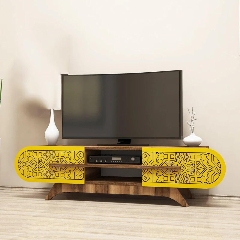 Hanah Home Stylish TV Unit, Walnut & Yellow, 145 x 37 x 37 cm, 100% Melamine Coated Particle Board, 18 mm Thick, Modern Design for Living Room & Entertainment Spaces