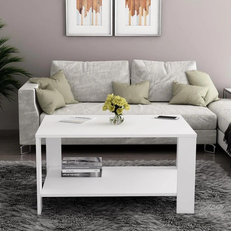 Stylish White Coffee Table, 90 x 60 x 47 cm, 100% Melamine Coated Particle Board, Modern Design for Living Room & Home Decor