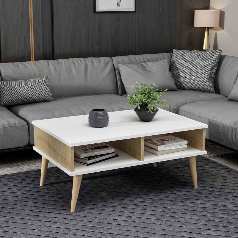 Hanah Home Stylish Coffee Table, White & Sapphire Oak, 90 x 60 x 41 cm, 100% Melamine Coated Particle Board, Modern Design for Living Room and Office