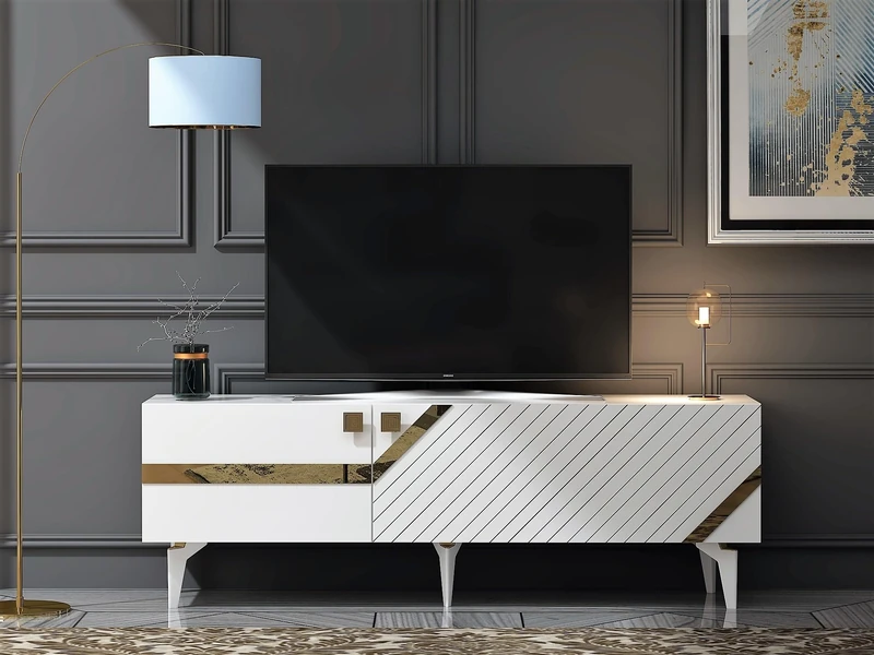 Hanah Home Elegant TV Stand, White & Gold, 150 cm x 49 cm x 30 cm, 100% Melamine Coated Particle Board, 18 mm Thick, Stylish Storage for Modern Living Rooms - Image 1