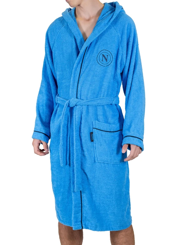 hermet SSC Napoli, Adult Microterry Bathrobe with Hood, 100% Cotton, Space-Saving Bag, Size S, Official Product, Light Blue, azure, S