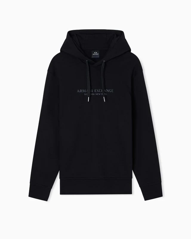 Armani Exchange Men's Long Sleeve Drawstring, Front Tone Logo Hooded Sweatshirt, Black, XS