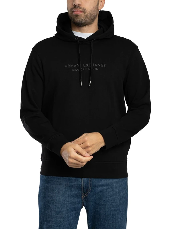 Armani Exchange Men's Long Sleeve Drawstring, Front Tone on Tone Logo Hooded Sweatshirt, Black, M, black, M