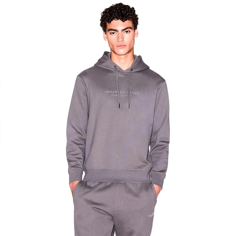 Armani Exchange Men's Long Sleeve Drawstring, Front Tone Logo Hooded Sweatshirt, Dark Gull Gray, S
