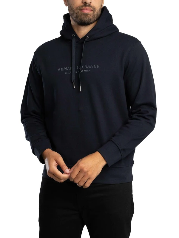 Armani Exchange Men's Long Sleeve Drawstring, Front Tone on Tone Logo Hooded Sweatshirt, Blue, M, deep navy, M