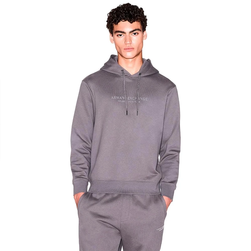 Armani Exchange Men's Long Sleeve Drawstring, Front Tone on Tone Logo Hooded Sweatshirt, Grey, M, Dark Gull Gray, M - Image 1