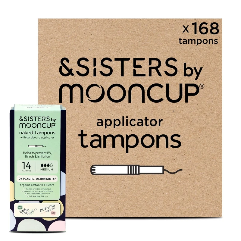 &Sisters® Mooncup Medium/Super Plus Flow Cardboard Applicator Tampons, Organic Cotton Veil & Core, 168 Tampons