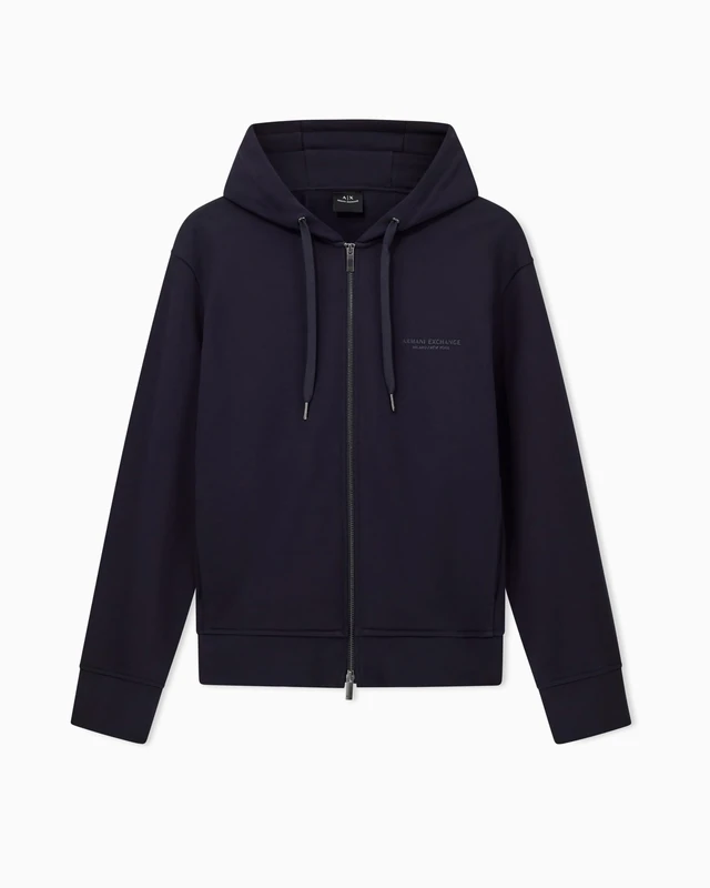 Armani Exchange Men's Genuine Cotton, Zipped, Long Sleeve Side Logo Hooded Sweatshirt, Blue, S, deep navy, S