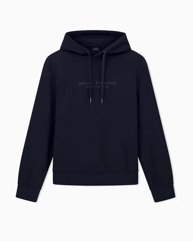 Armani Exchange Men's Long Sleeve Drawstring, Front Tone on Tone Logo Hooded Sweatshirt, Blue, XS, deep navy, XS