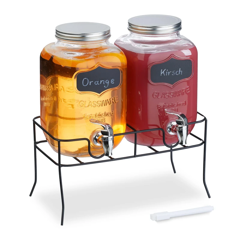 Relaxdays 2X Drink Dispenser, 4L, Beverage Containers, Stand, Party Accessory, Tap and Lid, Glass & Plastic, Transparent, 12.5 x 8 x 8 cm
