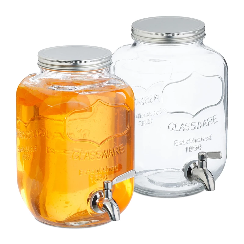 Relaxdays Set of 2 Drink Dispensers, 4L Beverage Container, Party Accessory, Tap and Lid, Glass & Plastic, Transparent, 11.5 x 9 x 9 cm
