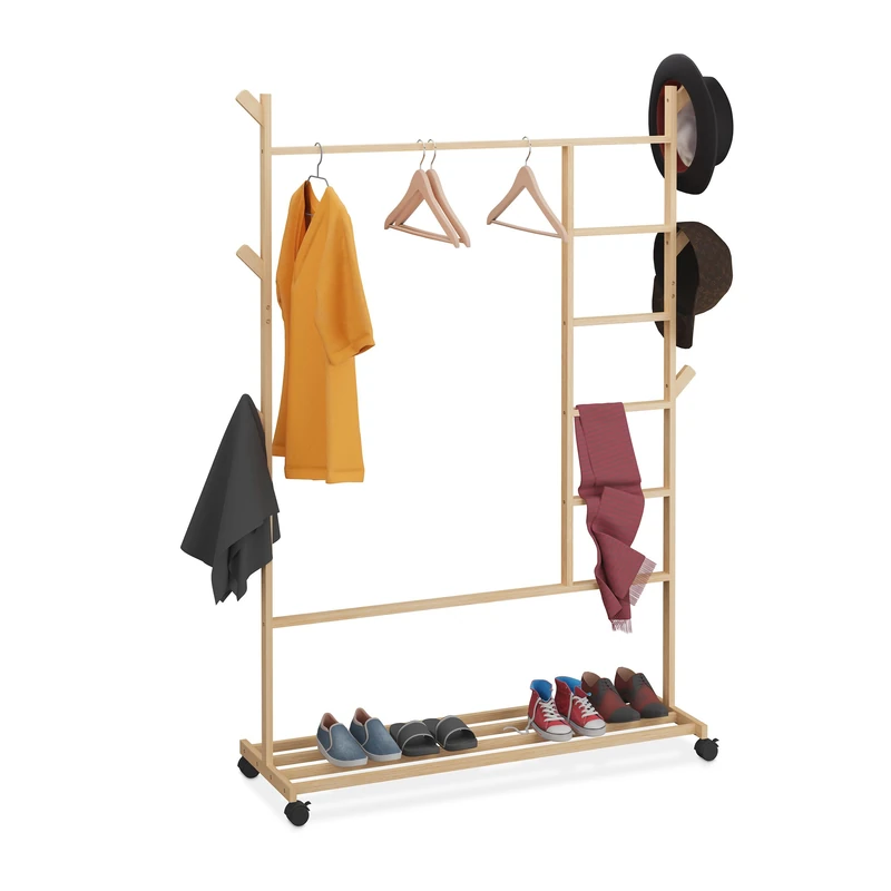 Relaxdays Bamboo Clothes Rack, Rollable Rail, 6 Hooks, with Shoe Shelf, HWD: 154 x 114 x 33 cm, Mobile Wardrobe, Natural