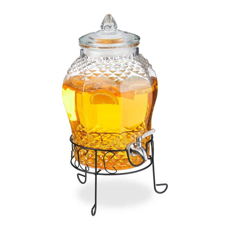Relaxdays Drink Dispenser, 8L, with Stand, Beverage Container, Party Accessory, Tap and Lid, Glass, Transparent, 20 x 31.5 x 30 cm