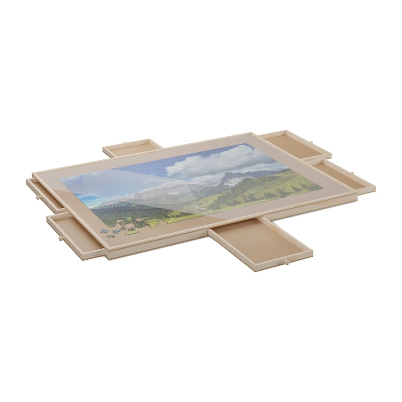 Relaxdays Puzzle Board with 6 Drawers, Fits Jigsaw up to 1000 Pieces, Tiltable, Rotatable, Wooden, Hobby Table, Natural, Wood, 4.5 x 83.5 x 63.5 cm